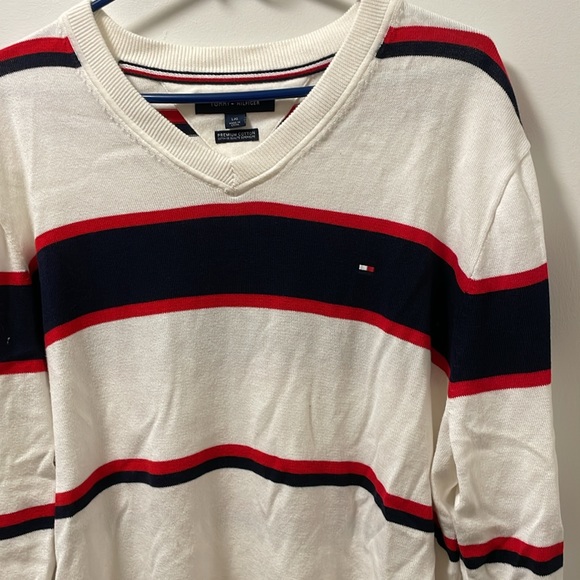 Tommy Hilfiger White Striped V-Neck Sweater size: L - Picture 4 of 5